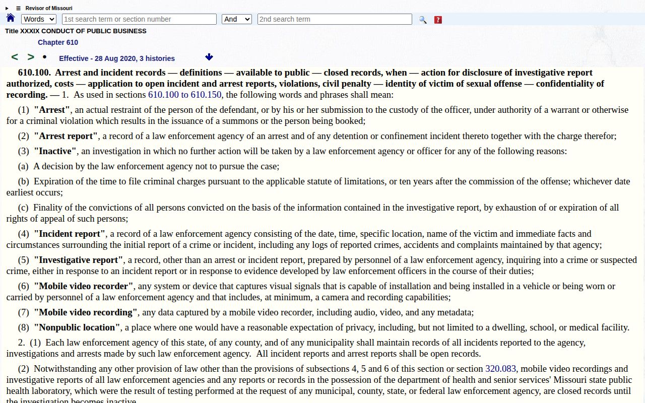 Missouri arrest report public and closed record statute