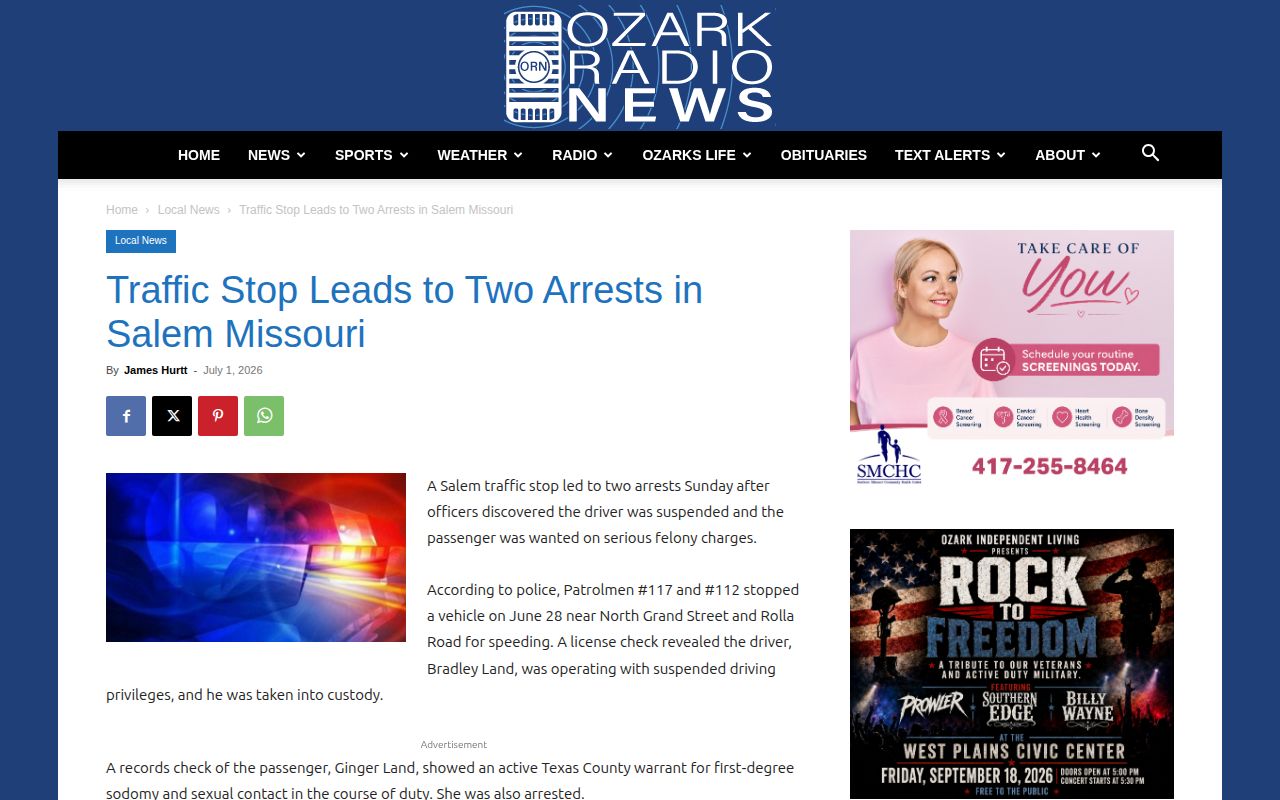 Regional news report about Salem arrests and Dent County Jail transport
